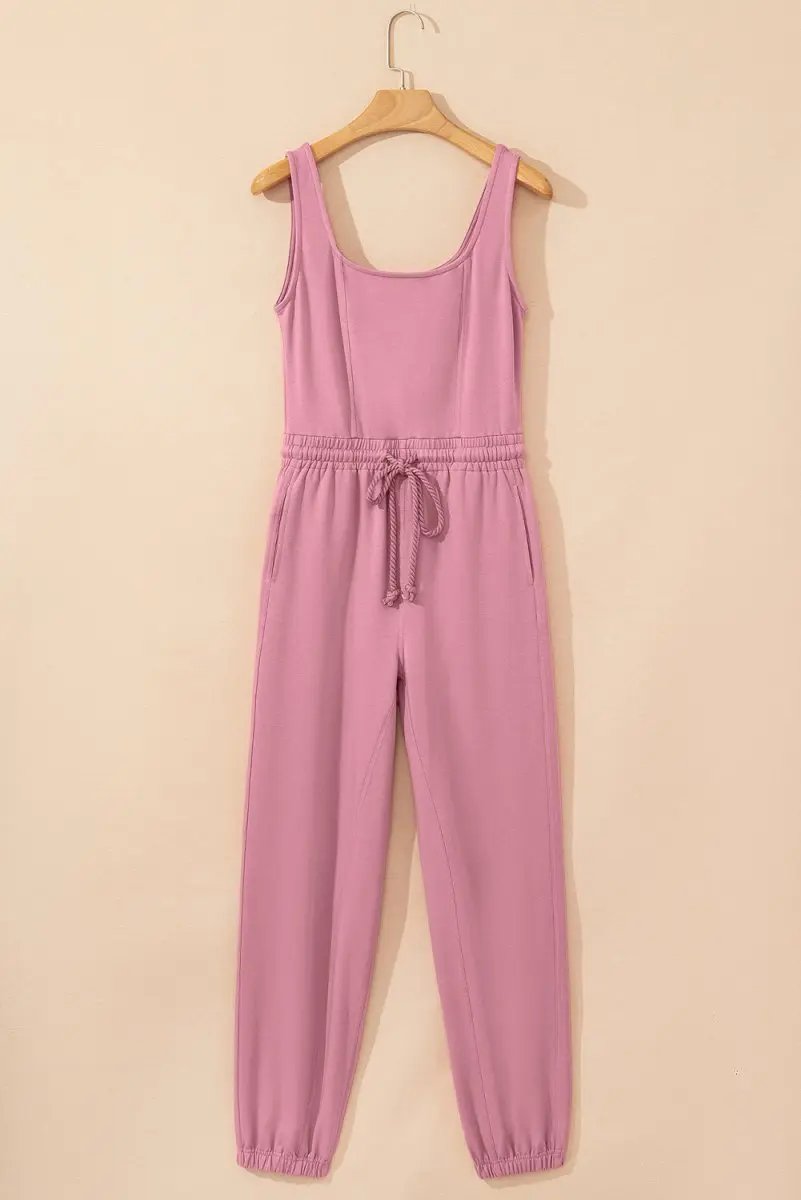 Light Pink Lace-up Elastic Waist Sleeveless Square Neck Jumpsuit - Love Salve